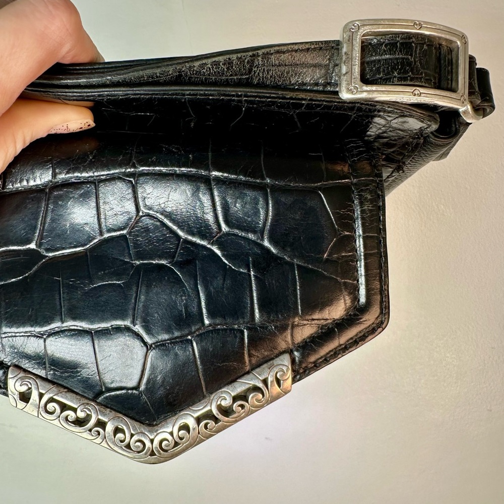 Black Croc-Embossed Leather Crossbody Bag with Silver Trim & Organizer - Picture 3 of 9